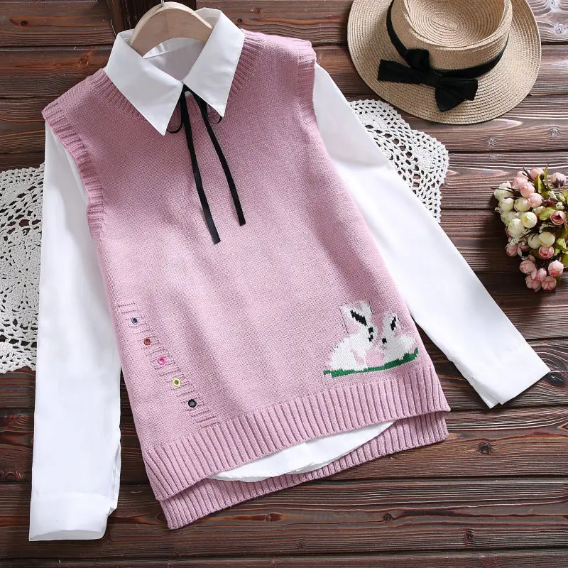 

Loose Student College Wind Sweater Vest Female Cartoon Pattern Embroidery Round Neck Sleeveless Irregular Sweater Vest Women