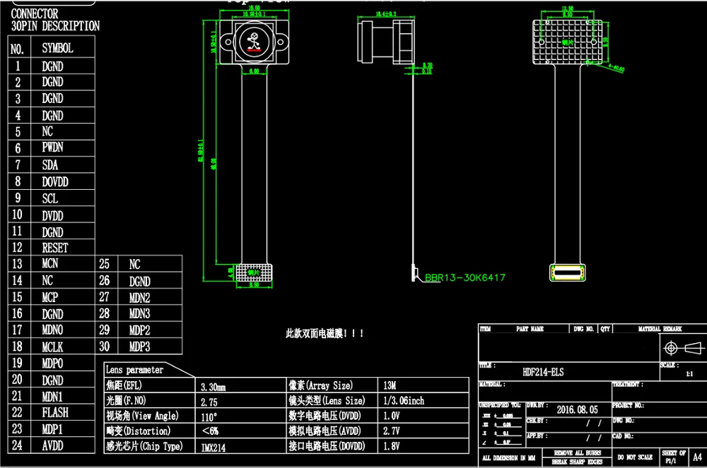 IMX214 13 million pixel camera module 110 degree HDF214-ELS BBR13-30K6417 connector 30pin 0.4mm pitch