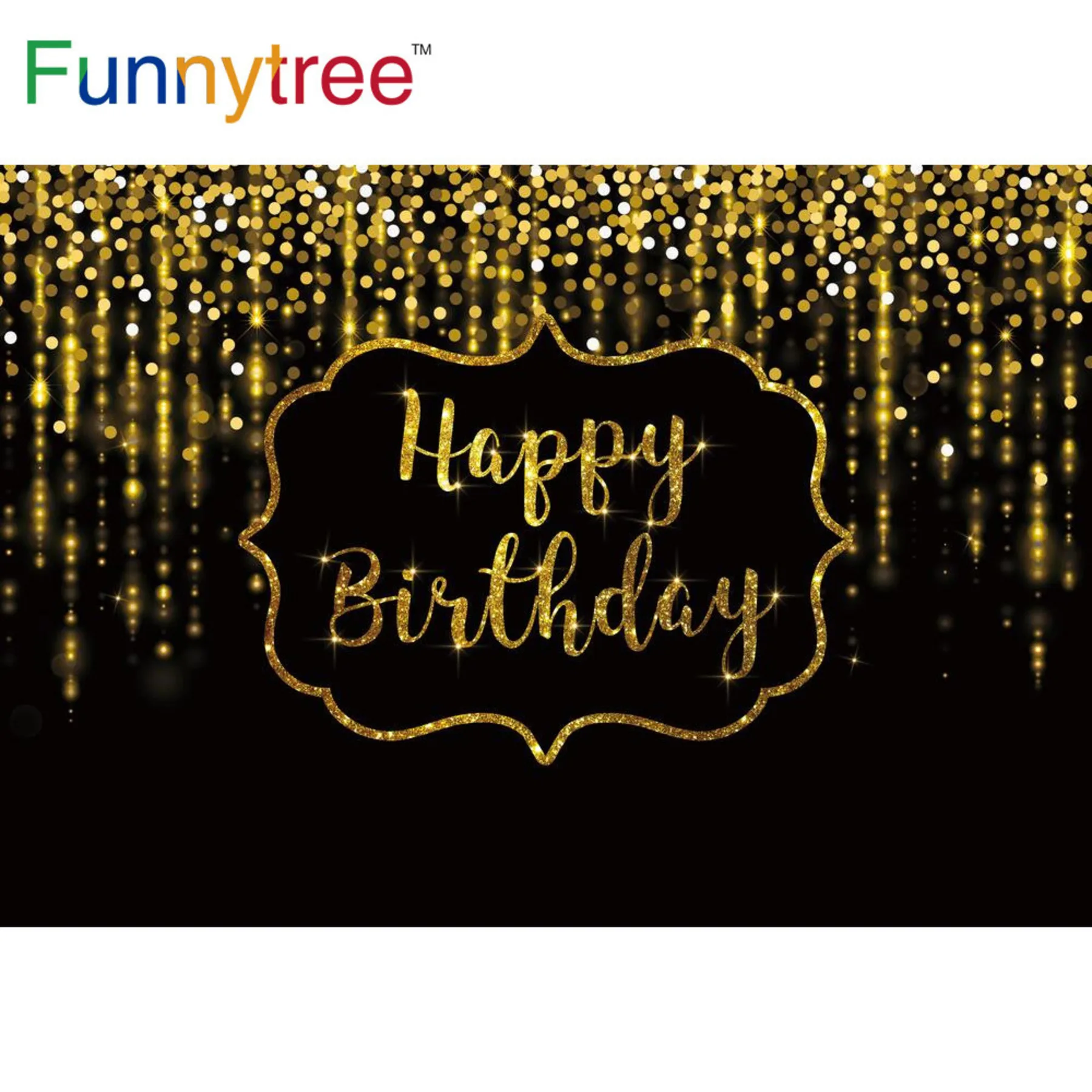Funnytree 7x5ft Happy Birthday Backdrop for Black and Gold Commemorative Party Party Baby Shower Decoration Shooting Background