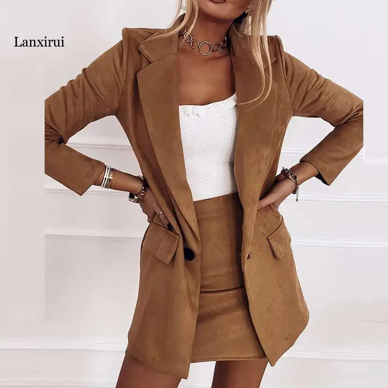 Elegant Office Lady Single Button Pocket Design Blazer Coat And Slim Fit Mini Dresses Spring Autumn Solid Women Two Piece Set