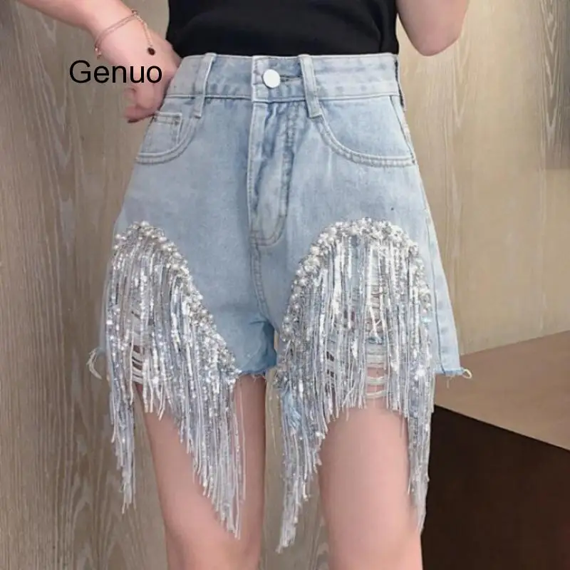 Cao Cấp Quần Short Jean Nữ Cotton Thun Quần Short Denim Bông Tai Kẹp Cổ Gothic Xanh Dương 2020 Thời Trang Hàn Quốc Thun Quần Short Femme