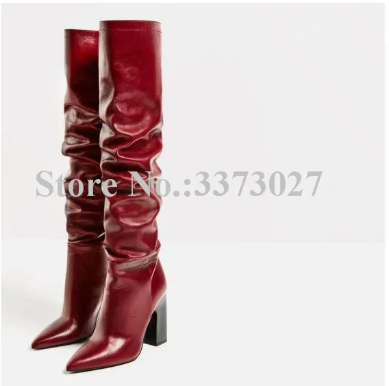 Lady Chunky Heel Pleated Long Boots Sexy Pointed Toe Over the Knee Boots Women Fashion Winter Boots Dropship Banquet Shoes