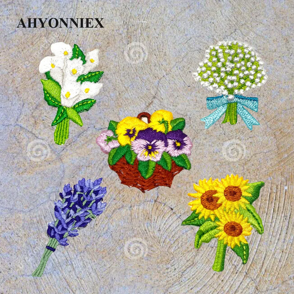 AHYONNIEX Pansy Lavender Sunflower Embroideried Patches for Bag Jeans Iron On Patches for Clothes Flower Small DIY Patches