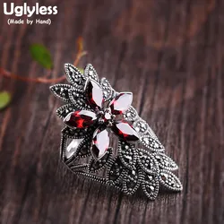 Uglyless Thai Silver Vintage Marcasite Open Wide Rings for Women Garnet Flower Rings Real 925 Silver Bijoux Fine Jewelry R884