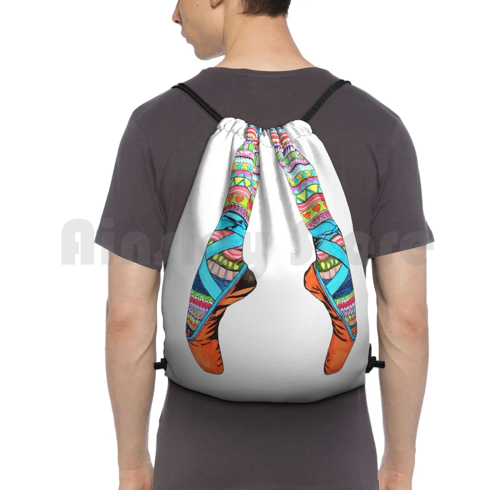 Happy Ballet Backpack Drawstring Bags Gym Bag Waterproof Hand Drawn Colourful Ballet Shoes Legs Stockings Stripes Doodle