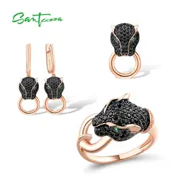 SANTUZZA 925 Sterling Silver Jewelry Set For Women Animal Black Leopard Panther Ring Earrings Pendant Set Spinel Fine Jewelry