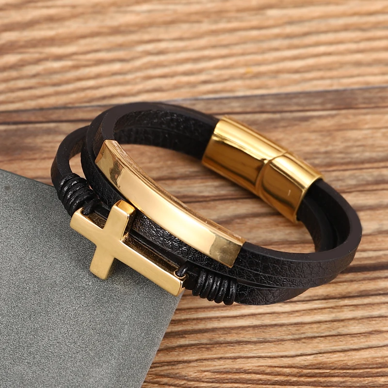 Punk Fashion Bangles Black Cross Initial Stainless Steel Woven Handmade Leather Bracelet Charms Golden Mens Letter Jewelry