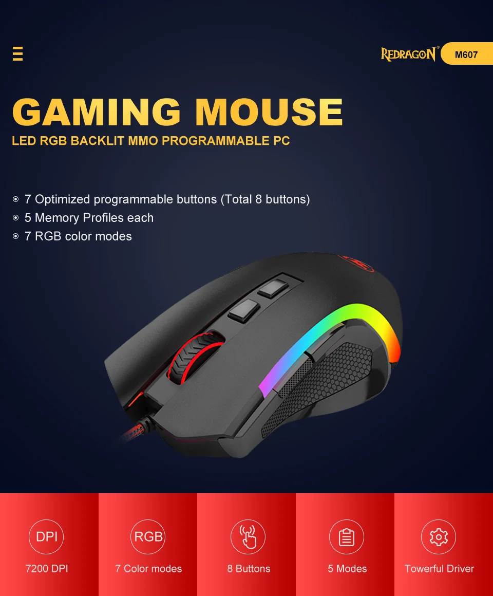 Redragon-ratón con cable para videojuegos, Mouse programable con retroiluminación RGB, 7200 DPI, M607