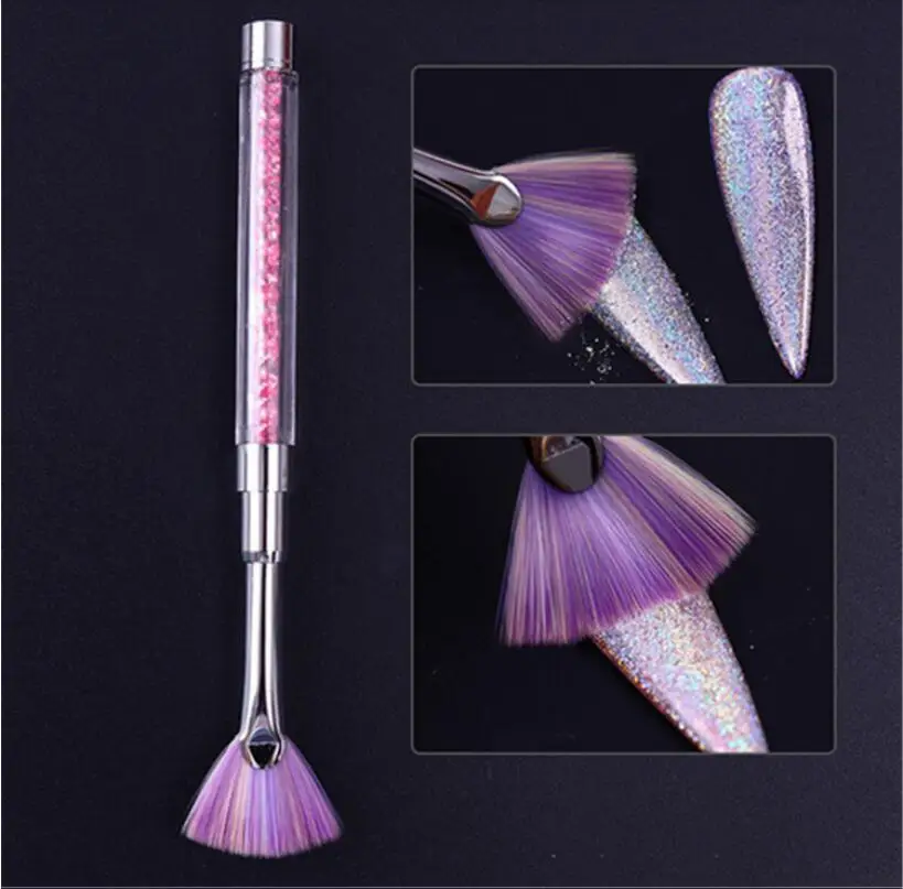 1Pc Nail Art Brush Liner Gradient Fan Shape Pink Rhinestone Handle Dust Glitter Powder Remover Pen Painting Gel Nail Brush T0543