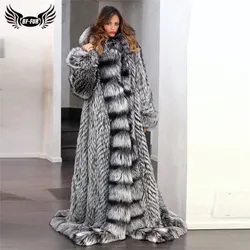 160cm X-Long Women Natural Real Fox Fur Coat With Big Hood Thick Warm Genuine Fox Fur Jacket Winter Fashion Fur Coats Luxury