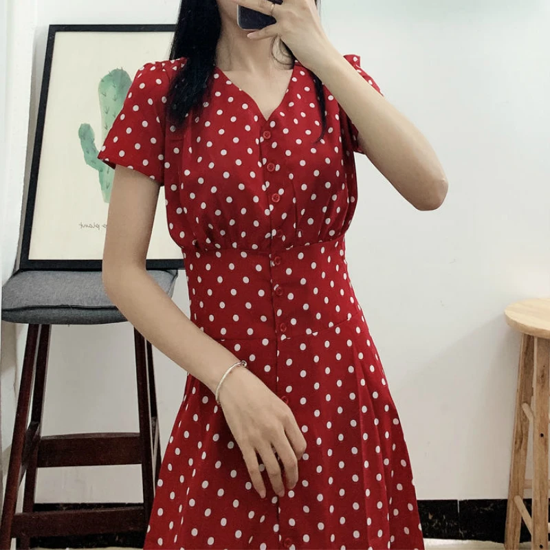 Dresses Women Short Sleeve V-neck Polka-dot Chiffon Elegant Dress Single-breasted Slender Sexy High-waist Korean Retro Grils