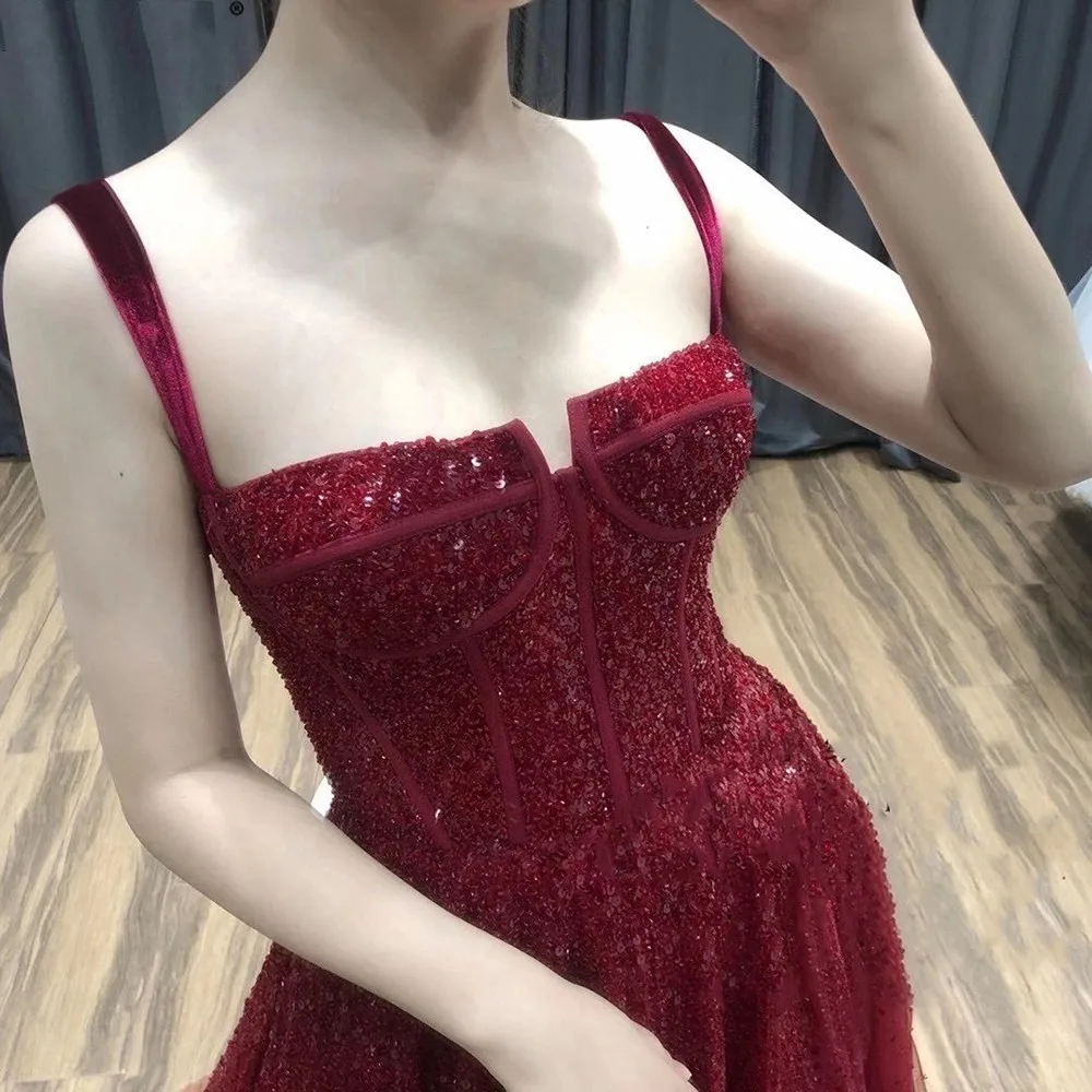 Dark Red Beading Evening Dress 2022 Sleeveless A-Line Luxury Floor-Length Prom Formal Gown Arbic Vestidos Robe De Soiree