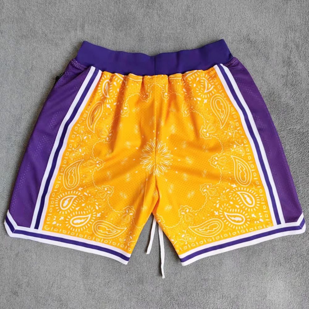 MM MASMIG Yellow Paisley Los Angeles Printed Basketball Shorts with Zipper Pockets Bryant LeBron Street Style Training Pants