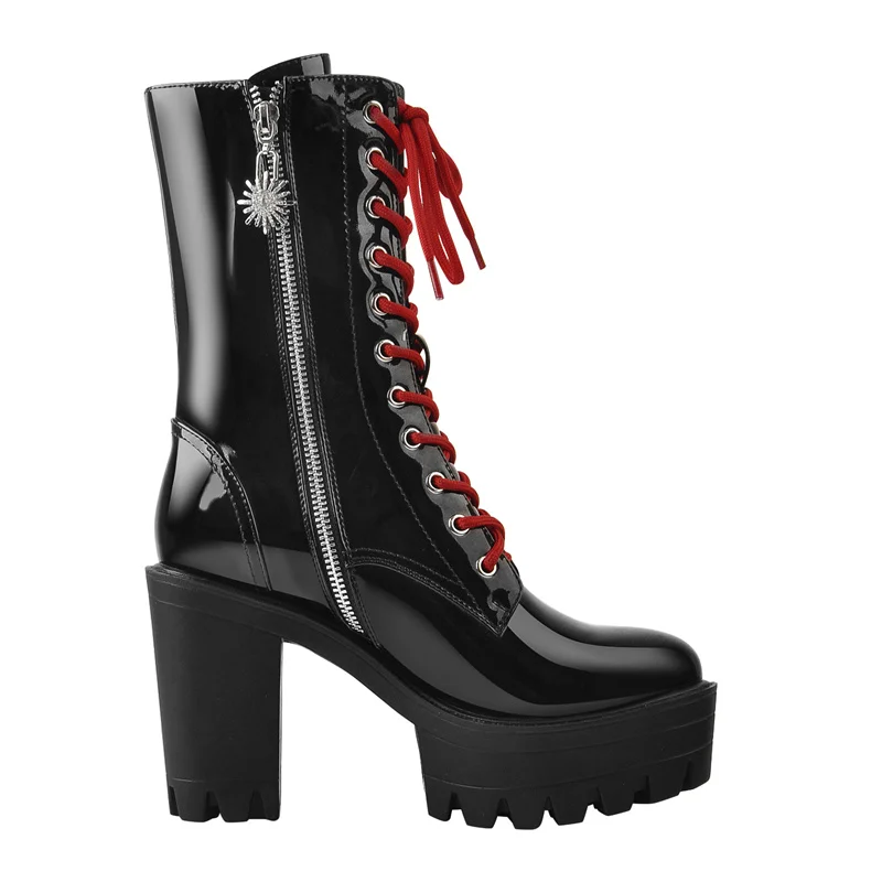 Onlymaker Platform Ankle Boots Black Patent Leather Red Lace-Up Chunky High Heels Shoes Side Zipper Spring AutumnWomen Booties