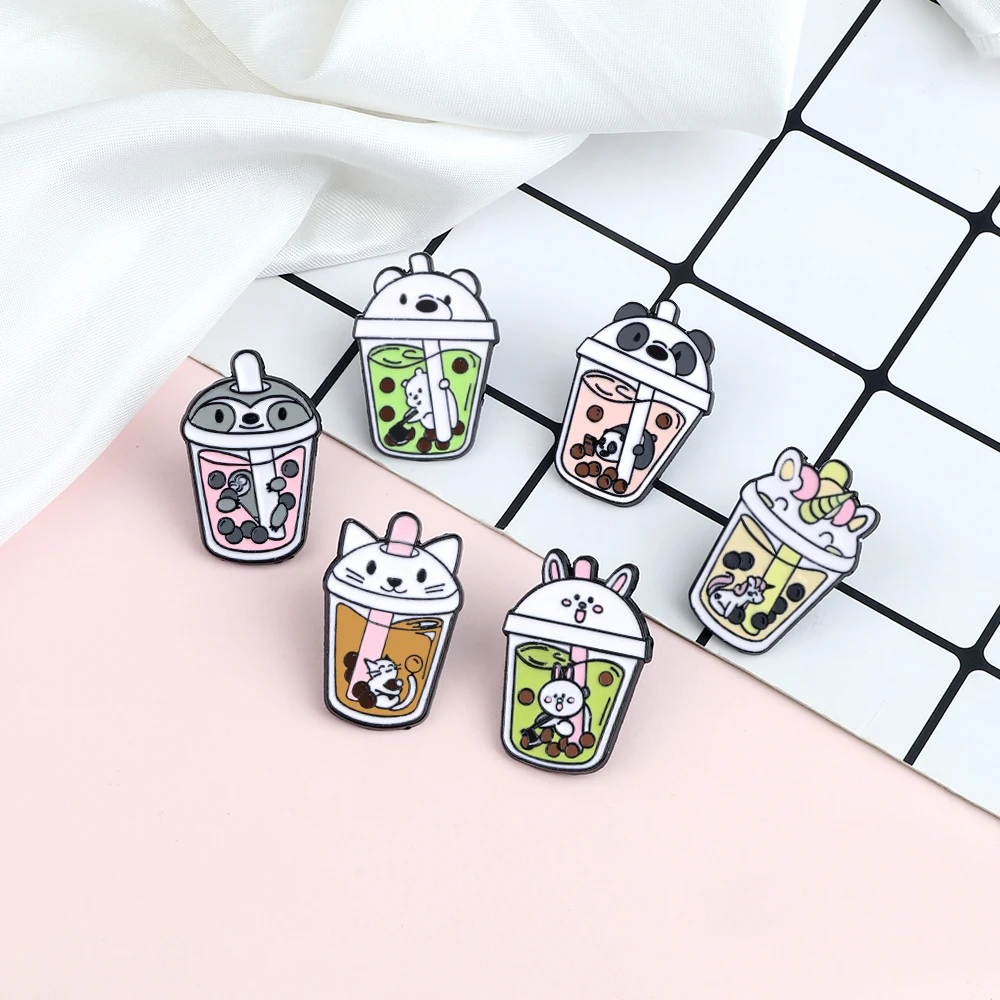 Funny Panda Bear Milk Tea Enamel Pins Badges Bubble Tea Cartoon Animals Cool Brooches Bag Clothes Lapel Jewelry Gift For Friends