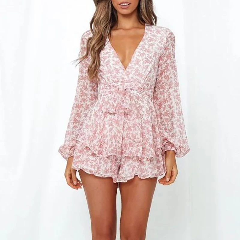 Ardm Fahion V Neck Chiffon Jumpsuit Women Ruffled Lace Up Long Sleeve Playsuit Floral Print Sweet Rompers