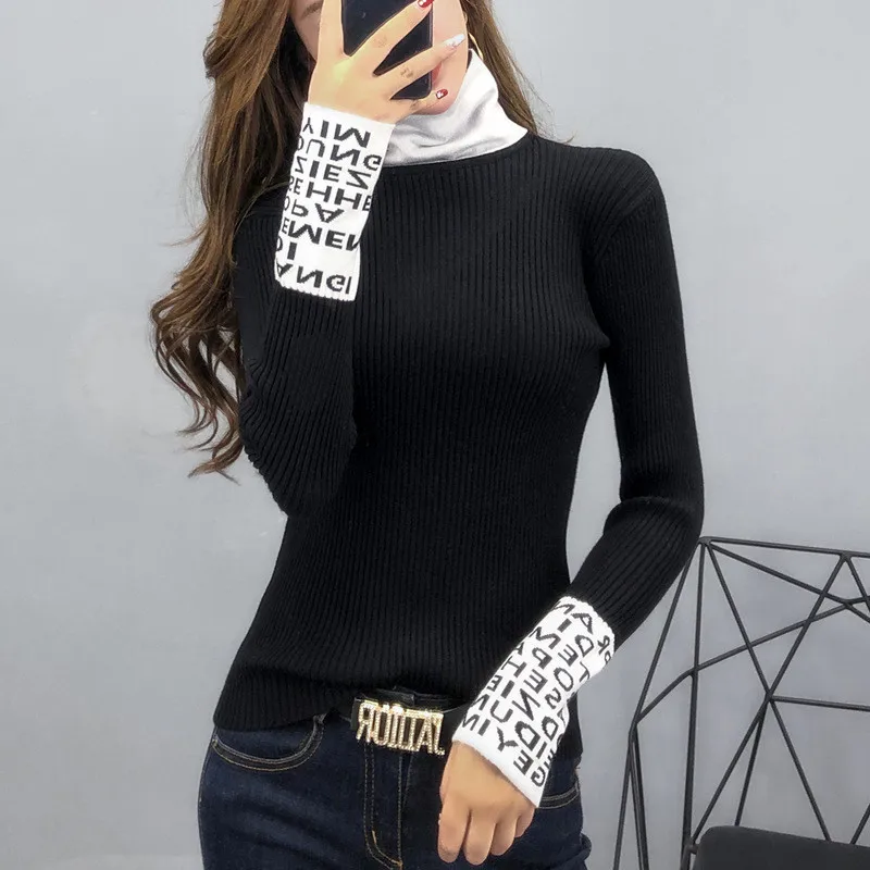 2020 Thick turtleneck sweater women fashion letters printed knitted pullovers female tight stretch bottoming shirt sweaters 3193