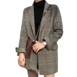 2021 autunno coreano Vintage Plaid lana donna blazer top manica lunga colletto dentellato allentato moda donna blazer lunghi cappotti