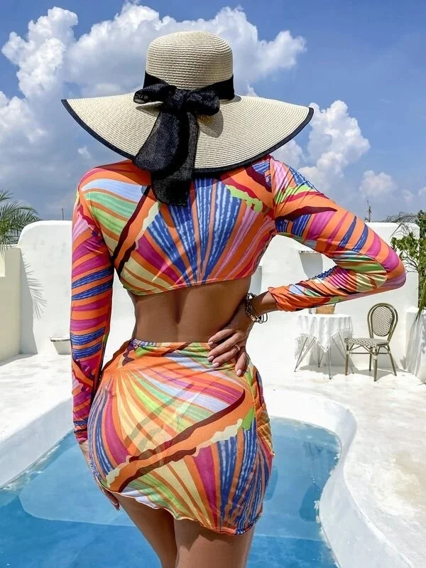 3 Piece Color stripes Bikini Ladies Split Swimsuit Swimwear Women    Up Vikini Sexy Girl Buttocks Swimmwear Bathing Suit