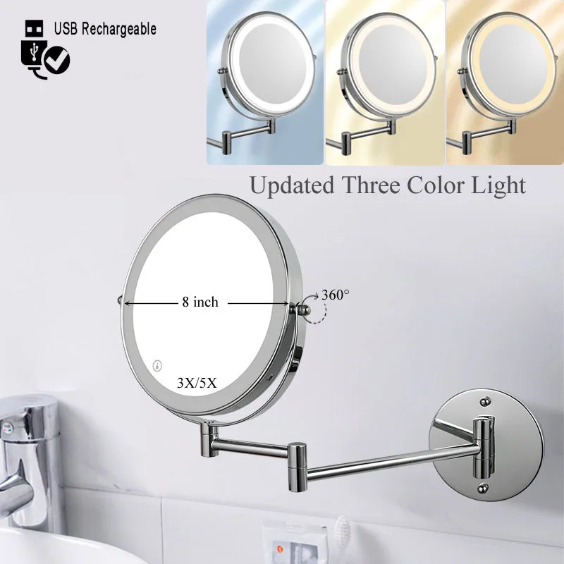 8Inch Bathroom Mirror Folding Extend Arm, USB Rechargeable,3Color Touch Control Vanity Makeup Mirror, 2-Sided 3/5X Magnification