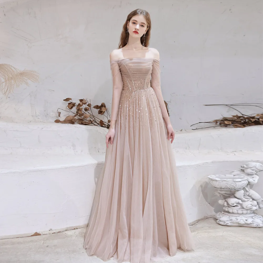 

Elegant One shoulder Evening Dresses Beauty-Emily Long Tulle Party Dress Sequins Pleated Prom Gown Lace Up Back Vestido de noche