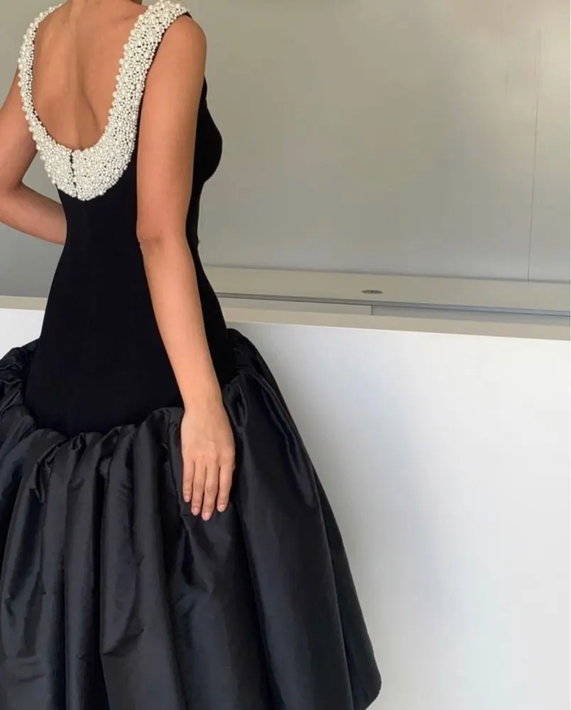 Vestidos De Noche De sirena De tafetán negro con cuentas De perlas, cuello redondo, espalda baja, Sexy, largo hasta el té, vestidos formales De Graduación