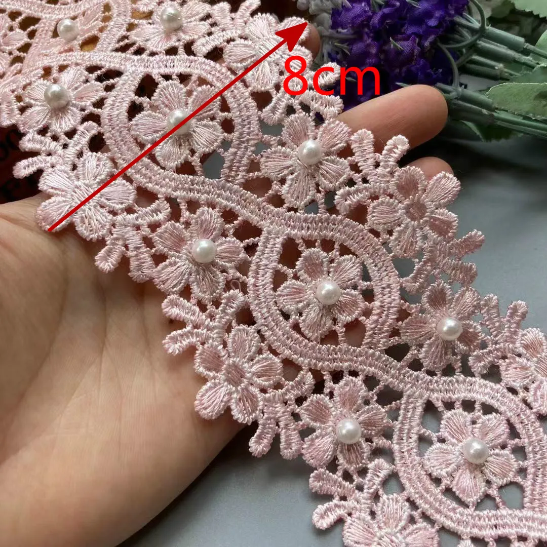 

2 yard 8cm Pink Vintage Pearl Beaded Lace Trim Ribbon Fabric Embroidered Applique Patchwork Handmade DIY Wedding Sewing Craft