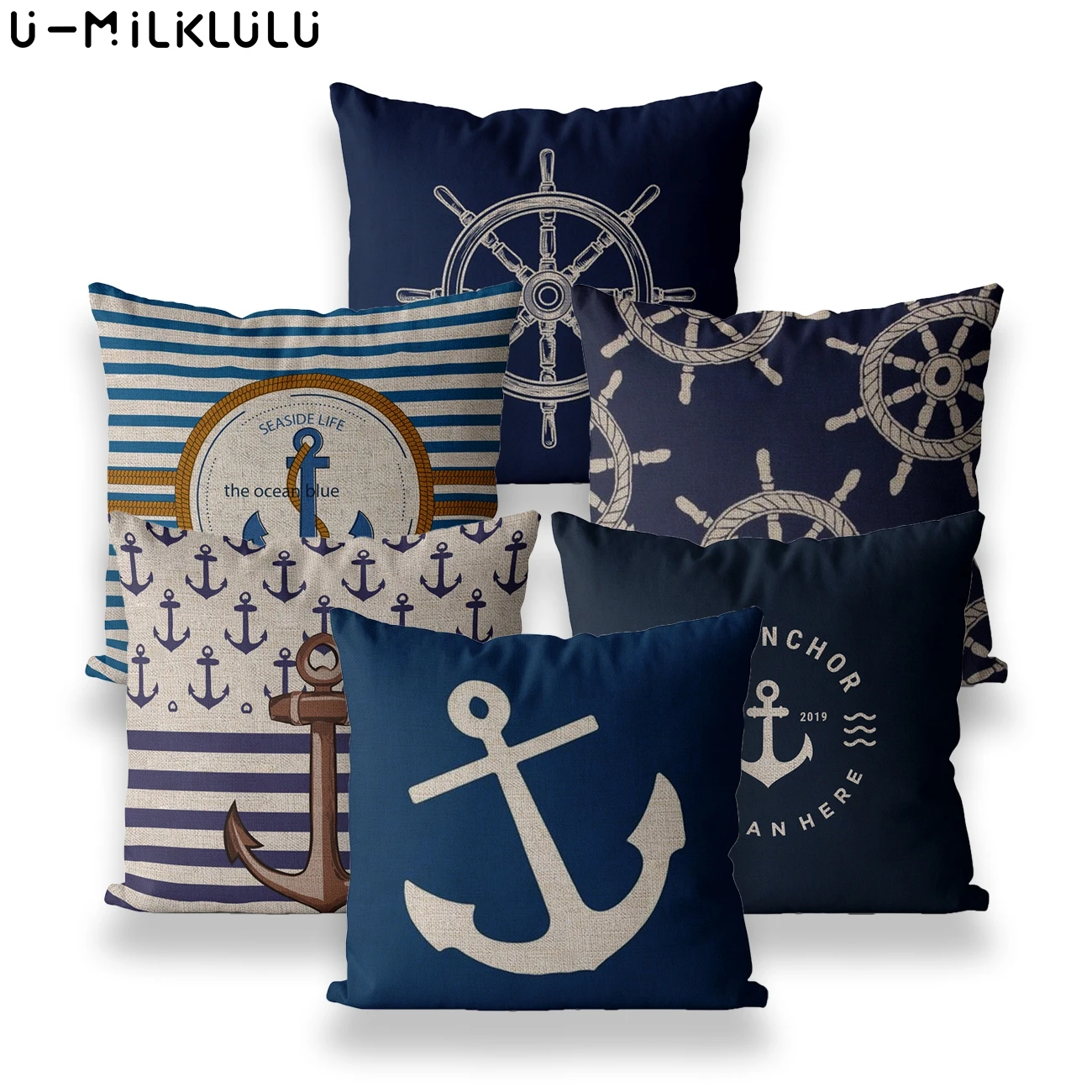 Linen Pillow Covers for Living Room Decoration, Marine Decor, Navigation, Compass, Anchor, Navy Blue, Striped, 45