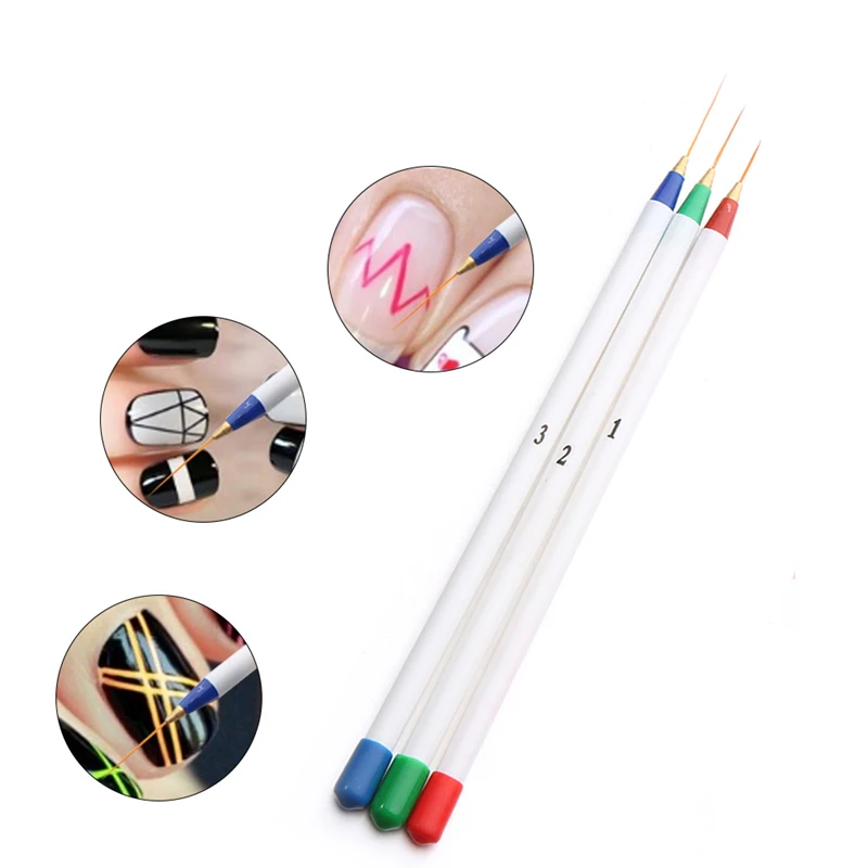 3Pcs Acrylic French Stripe Nail Art Liner Brush Set Manicure Ultra-thin Line Drawing Pen UV Gel Brushes Painting Tool Carved Pen