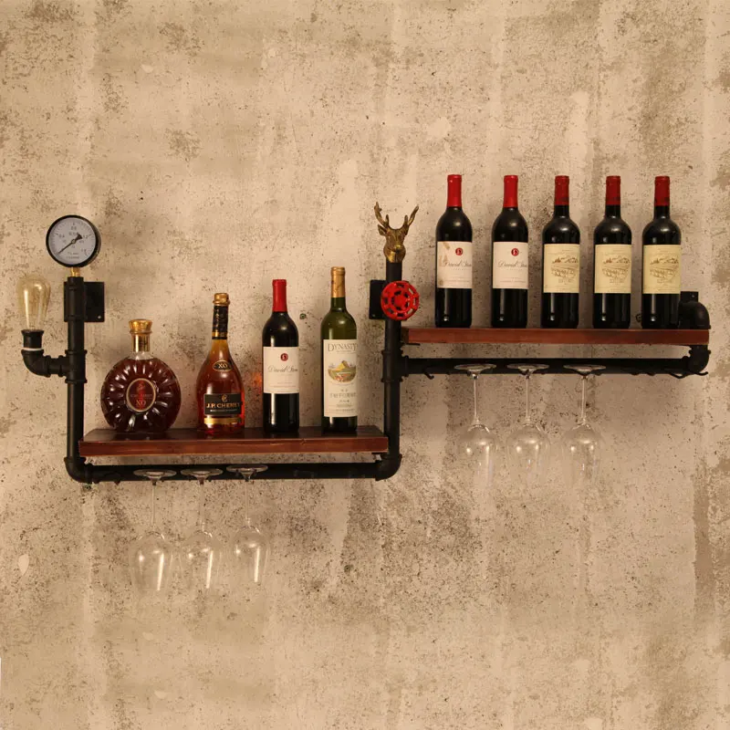 Loft Retro Industrial Style Bar Anggur Rak Wall Hanging Ruang Makan Besi Kayu Solid bergaya Eropa Amerika Rak