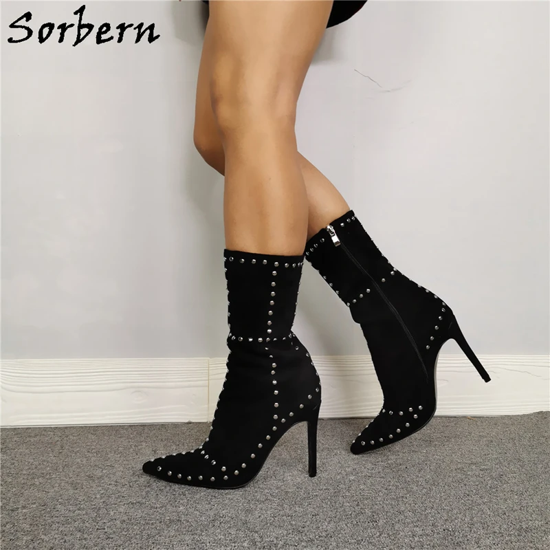 Sorbern Hot Rivets Ankle Boots For Women Pointed Toe High Heels Side Zipper Large Size Shoes 12 And 13 For Women