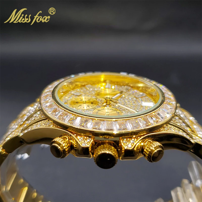 MISSFOX Men Watches 2021 Luxury Large Case With Baguette Full Diamond Quartz Wristwatch Chronograph Calendar Watch Droshipping