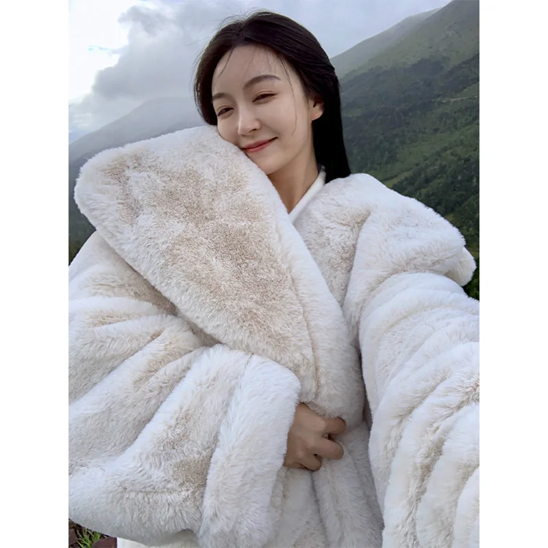 2021ฤดูหนาวใหม่ Faux Fur Coat Elegant หนา Outerwear ยาวกระต่าย Fur Jacket Oversize หลวม Soft Plush เสื้อกันหนาว