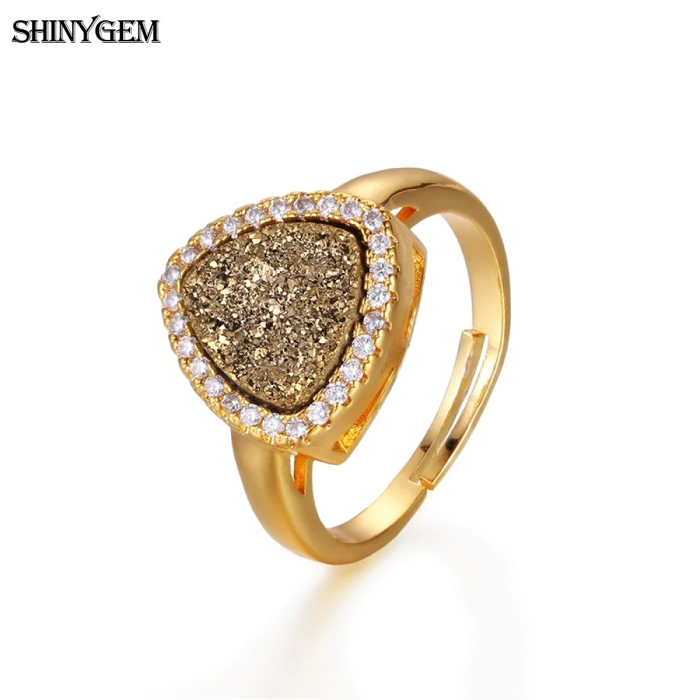 

ShinyGem Elegance Triangle Natural Crystal Druzy Stone Rings Micro Inlay Zircon Delicate Gold Plating Bezel For Women Wedding