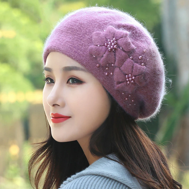 Angora Beret Women Winter Hat Knit Beanie Warm Flower Pearl Casual  Soft Classic Thermal Outdoor Accessory Caps