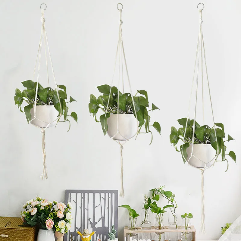 90-122cm Handmade Flower Pot Net Bag Braided Home Vintage Decor Plant Hanging Basket Knotted Rope Garden Plant Hanger Pot Tray