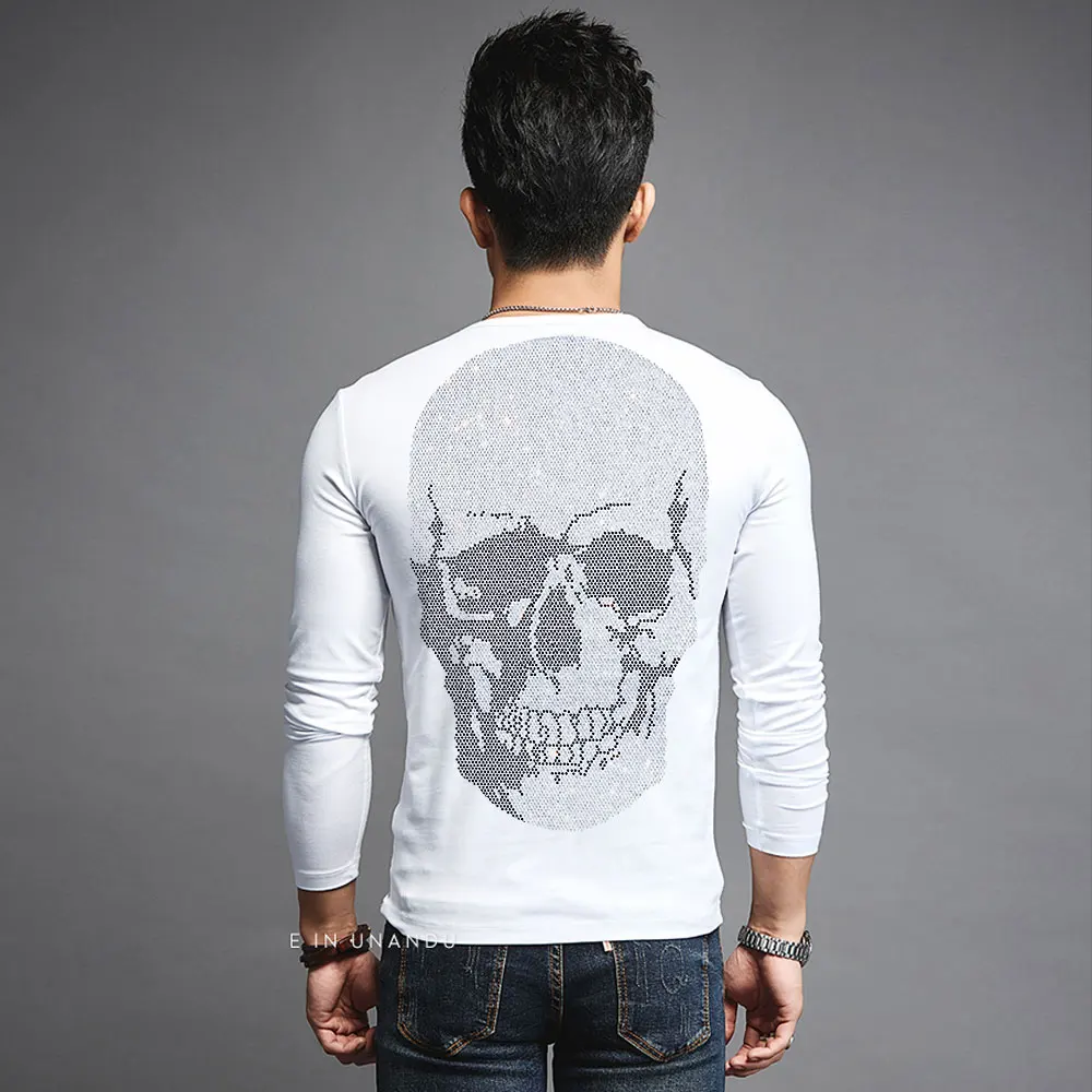 New Punk Style Men Skull T-shirt Long Sleeves Black Hot Drill Man\'s Tee Summer Brand Male Clothing Homme Diamond Stone T Shirts