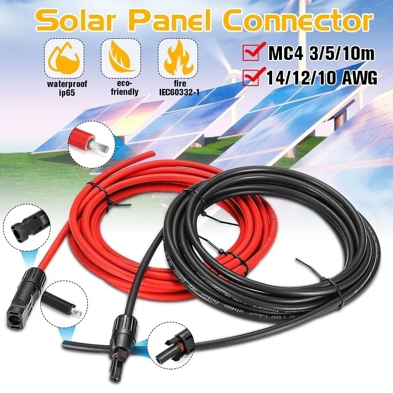 Solar Panel Extension Cable 1 Pair Copper Wire Black+Red Photovoltaic cable Connector 10/12/14 AWG PV Cable Wires Connectors