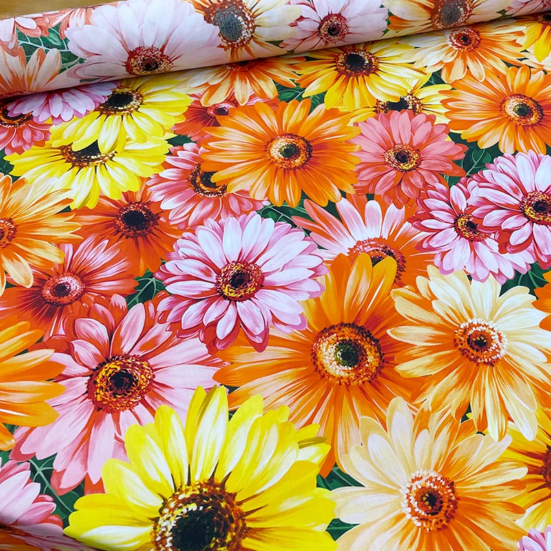 

SunFlower Chrysanthemum Printed Poplin Cotton Or Imitate Silk Satin Fabric For Woman's Dress Blouse DIY Cloth Sewing Material