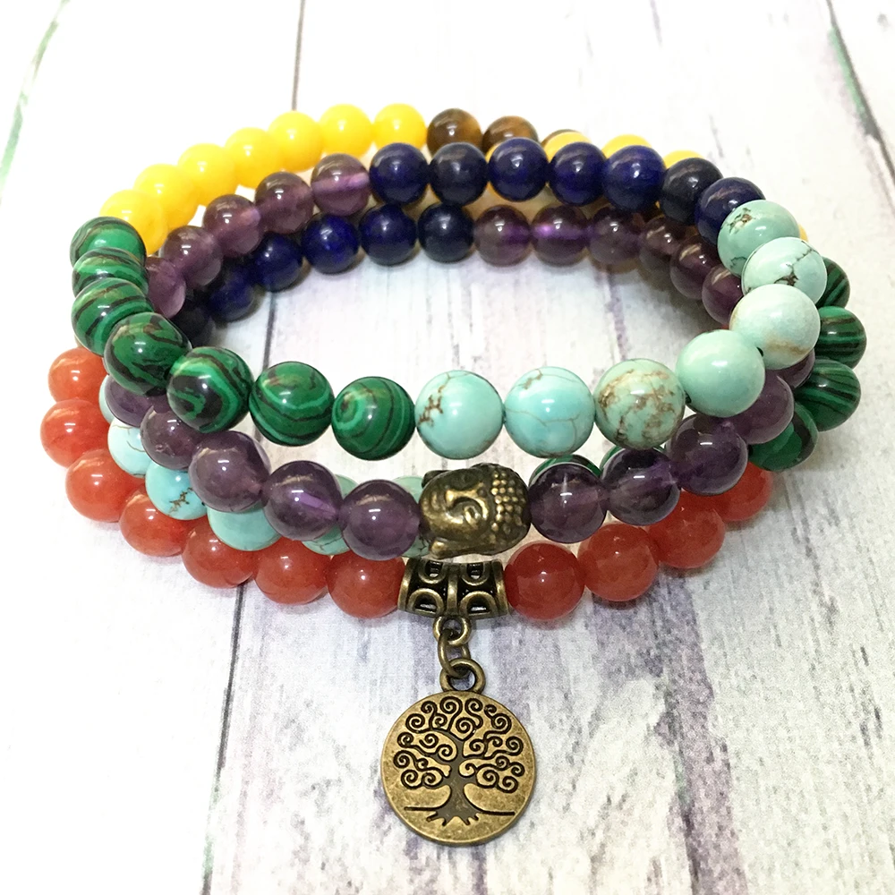 MG0596 Women`s Chakra 108 Mala Yoga Bracelet Bronze Tree of Life Charm Natural Gem Stone Bracelet HIgh Quality Yogi Jewelry