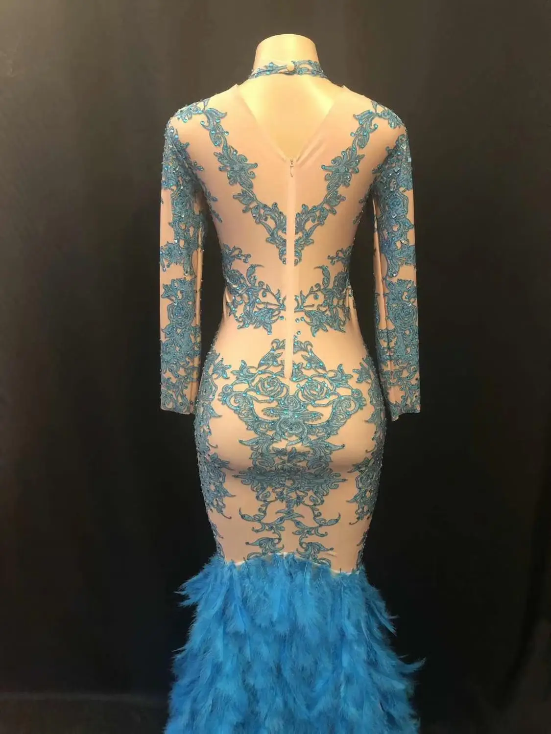 Feminino nova pena azul brilhante strass estiramento vestido longo palco outfit aniversário celebrar vestidos palco noite roupas