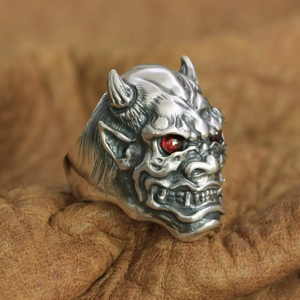 925 Sterling Silver Red CZ Japanese Ghost Prajna Skull Ring TA254 US Size 7~15 BZ