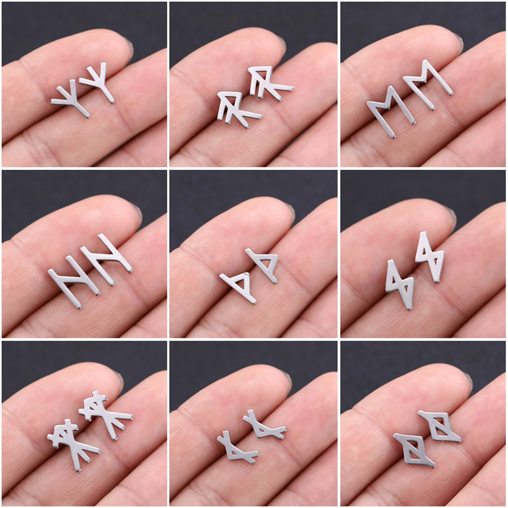 Viking Futhark Runes Stud Earrings Stainless Steel Earring for Women Men Amulet Nordic Vintage Jewelry Ear Accessories Aretes