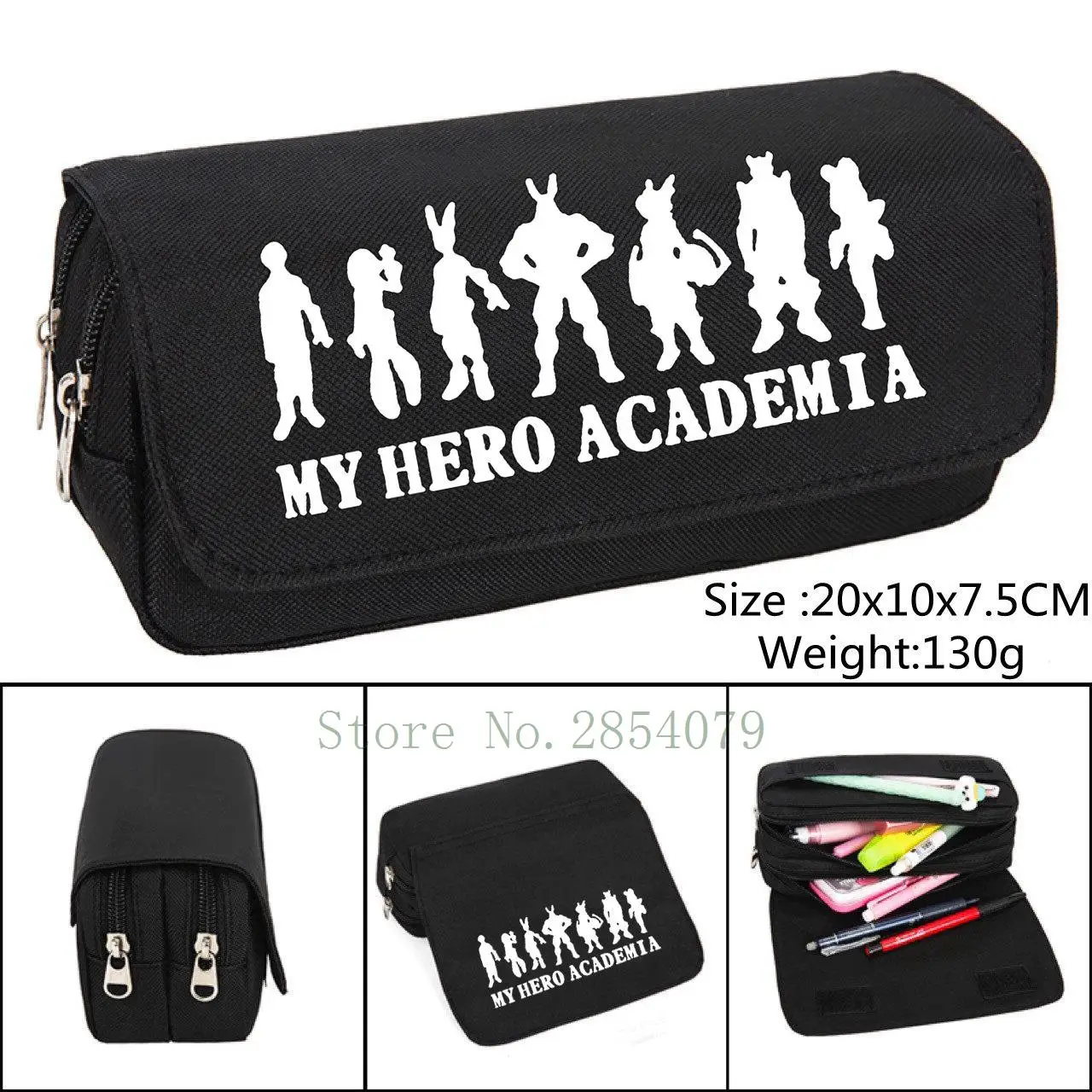 Estuche de lápices de Anime My Hero Academia, bolsa de cosméticos de dibujos animados negra, papelería para estudiantes, bolsas con tapa