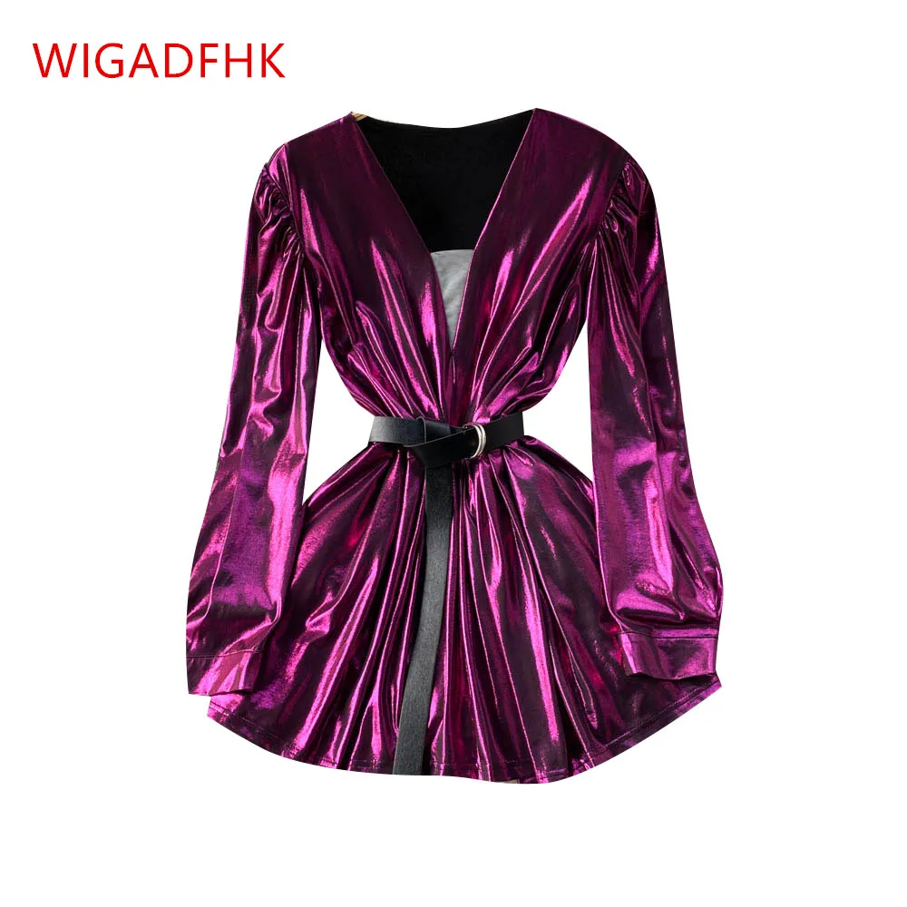 

ZA Fashion Sexy V-neck Puff Sleeve Dress Female 2022 Spring New Lacquer Light Pleated Slim Western Style Short A-line Skirt