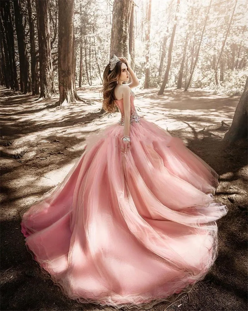 Vestidos De 15ปีสีชมพูเจ้าหญิง Quinceanera ชุดคริสตัล Beaded Sweetheart 16ชุด Abiti Da Cerimonia พรหม Gowns