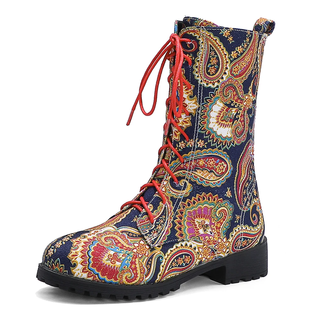 Paisley Pattern Ethnic Mid-Calf Boots Low-Heel Lace Embroidered Autumn And Winter Women's Boots Plush Short Tube Flat Shoes