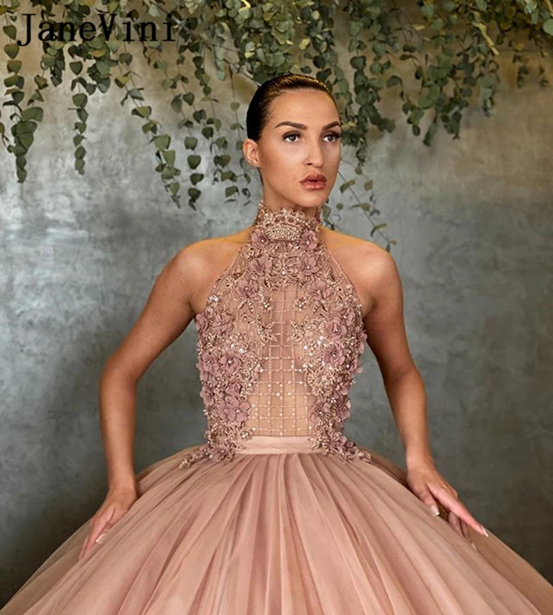 JaneVini 2020 Elegant Princess Ball Gown Long Quinceanera Dresses High Neck Handmade Flowers Beaded Puffy Tulle Arabic Prom Gown