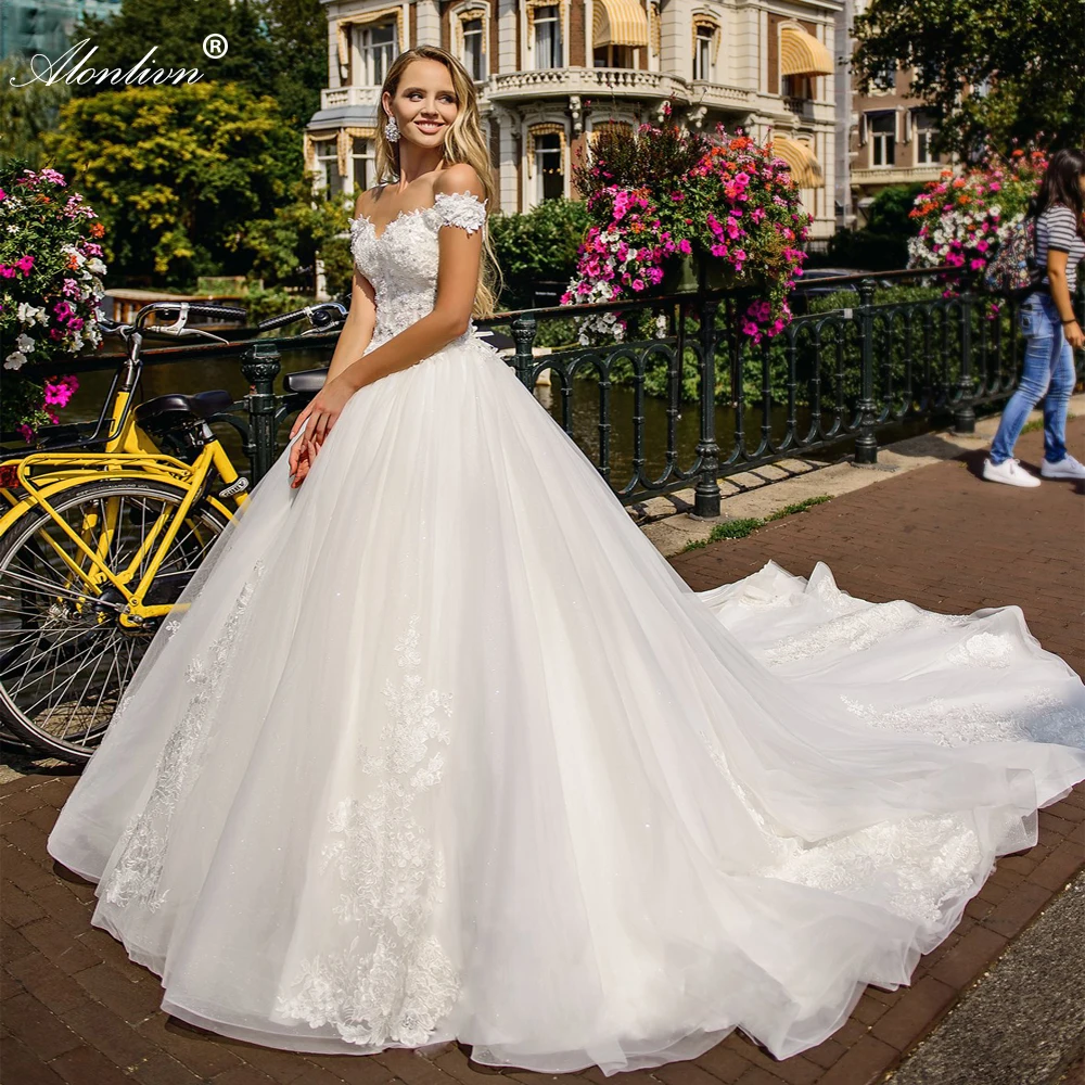 Alonlivn Elegant Sweetheart A-Line Wedding Dresses And Beadings Crystals Lace Up Appliques Off The Shoulder Bride Gownss