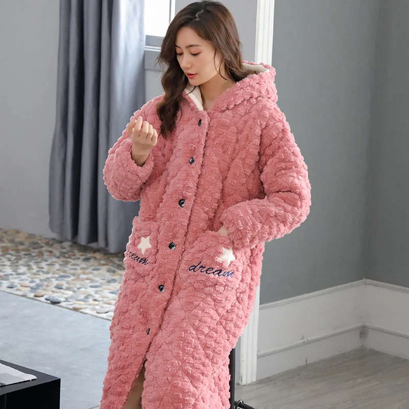 Women Bathrobe Winter Thicken Warm Flannel Bath Robe Long Plus Size  Night Dressing Gown Men Print Five-Pointed star Nightgown